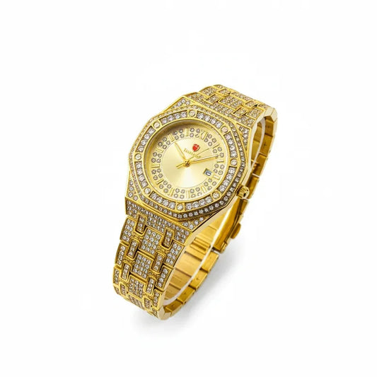 Gold watch with diamond-studded band on a white background